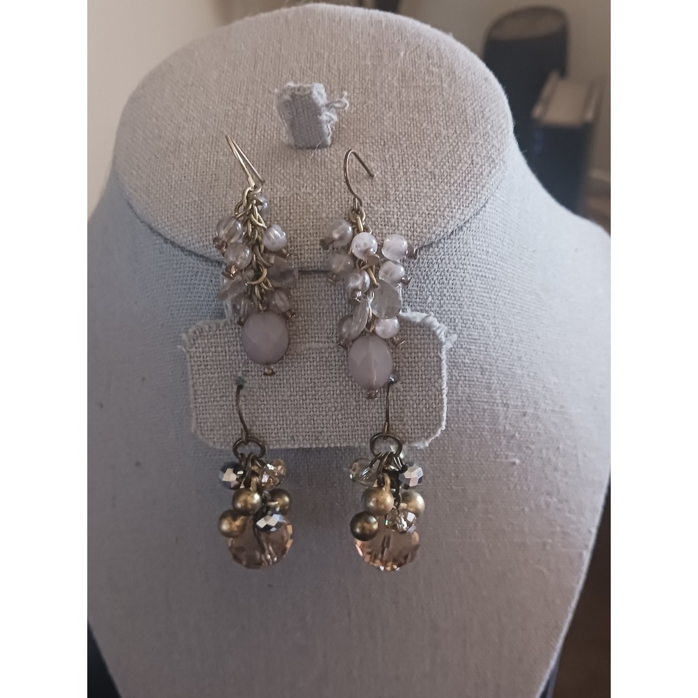 Boho Cluster Drop Earrings Set Faceted Glass Bead Antique Brass Tone Dangle - Picture 3 of 5